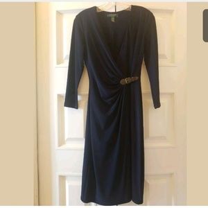Ralph Lauren Wrap Dress Navy W/Brown Buckle Sz 2